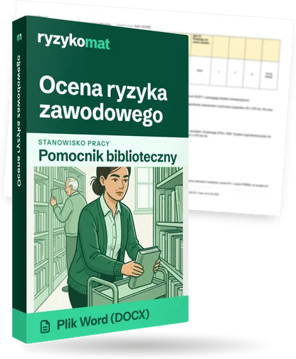 Pudełko dokumentu „Ocena ryzyka zawodowego” ze znakiem Ryzykomat i napisem „Plik Word (DOCX)” na froncie, ilustracja stanowiska „Pomocnik biblioteczny”; zza pudełka wystaje strona prawdziwego dokumentu z rozmytą treścią
