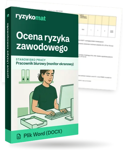 Pudełko dokumentu „Ocena ryzyka zawodowego” ze znakiem Ryzykomat i napisem „Plik Word (DOCX)” na froncie, ilustracja stanowiska „Pracownik biurowy (monitor ekranowy)”; zza pudełka wystaje strona prawdziwego dokumentu z rozmytą treścią