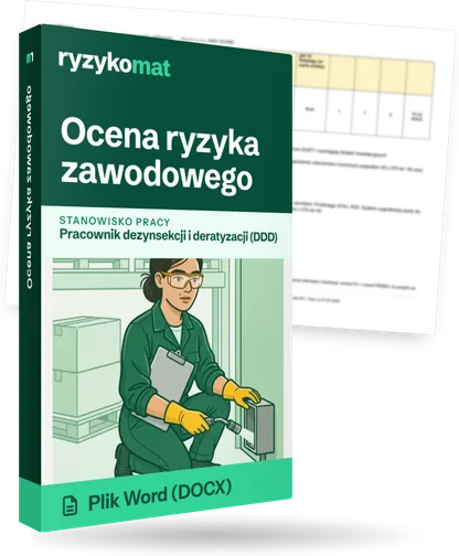 Pudełko dokumentu „Ocena ryzyka zawodowego” ze znakiem Ryzykomat i napisem „Plik Word (DOCX)” na froncie, ilustracja stanowiska „Pracownik dezynsekcji i deratyzacji (DDD)”; zza pudełka wystaje strona prawdziwego dokumentu z rozmytą treścią