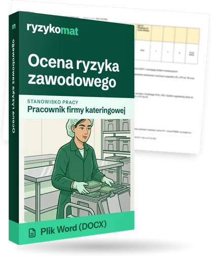 Pudełko dokumentu „Ocena ryzyka zawodowego” ze znakiem Ryzykomat i napisem „Plik Word (DOCX)” na froncie, ilustracja stanowiska „Pracownik firmy kateringowej”; zza pudełka wystaje strona prawdziwego dokumentu z rozmytą treścią