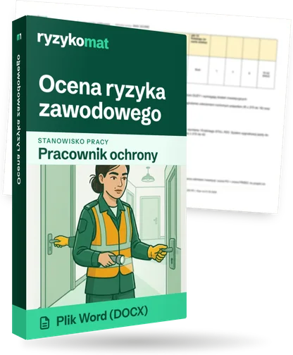 Pudełko dokumentu „Ocena ryzyka zawodowego” ze znakiem Ryzykomat i napisem „Plik Word (DOCX)” na froncie, ilustracja stanowiska „Pracownik ochrony”; zza pudełka wystaje strona prawdziwego dokumentu z rozmytą treścią