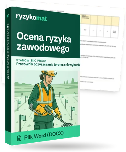 Pudełko dokumentu „Ocena ryzyka zawodowego” ze znakiem Ryzykomat i napisem „Plik Word (DOCX)” na froncie, ilustracja stanowiska „Pracownik oczyszczania terenu z niewybuchów”; zza pudełka wystaje strona prawdziwego dokumentu z rozmytą treścią