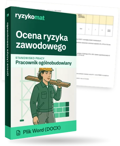 Pudełko dokumentu „Ocena ryzyka zawodowego” ze znakiem Ryzykomat i napisem „Plik Word (DOCX)” na froncie, ilustracja stanowiska „Pracownik ogólnobudowlany”; zza pudełka wystaje strona prawdziwego dokumentu z rozmytą treścią