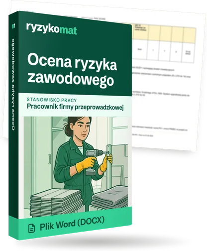 Pudełko dokumentu „Ocena ryzyka zawodowego” ze znakiem Ryzykomat i napisem „Plik Word (DOCX)” na froncie, ilustracja stanowiska „Pracownik firmy przeprowadzkowej”; zza pudełka wystaje strona prawdziwego dokumentu z rozmytą treścią