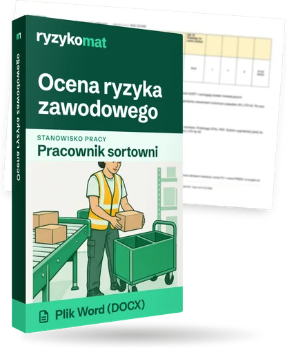 Pudełko dokumentu „Ocena ryzyka zawodowego” ze znakiem Ryzykomat i napisem „Plik Word (DOCX)” na froncie, ilustracja stanowiska „Pracownik sortowni”; zza pudełka wystaje strona prawdziwego dokumentu z rozmytą treścią