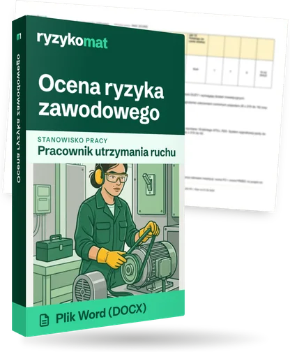 Pudełko dokumentu „Ocena ryzyka zawodowego” ze znakiem Ryzykomat i napisem „Plik Word (DOCX)” na froncie, ilustracja stanowiska „Pracownik utrzymania ruchu”; zza pudełka wystaje strona prawdziwego dokumentu z rozmytą treścią