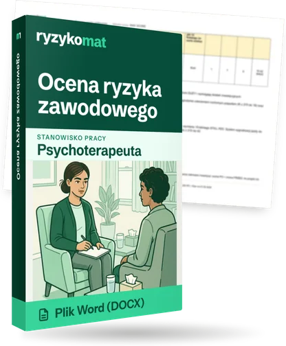 Pudełko dokumentu „Ocena ryzyka zawodowego” ze znakiem Ryzykomat i napisem „Plik Word (DOCX)” na froncie, ilustracja stanowiska „Psychoterapeuta”; zza pudełka wystaje strona prawdziwego dokumentu z rozmytą treścią