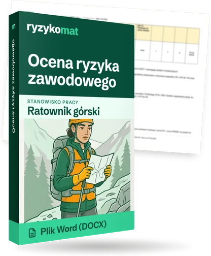 Pudełko dokumentu „Ocena ryzyka zawodowego” ze znakiem Ryzykomat i napisem „Plik Word (DOCX)” na froncie, ilustracja stanowiska „Ratownik górski”; zza pudełka wystaje strona prawdziwego dokumentu z rozmytą treścią