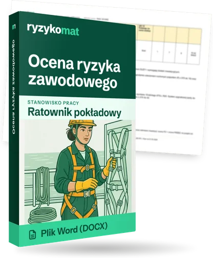 Pudełko dokumentu „Ocena ryzyka zawodowego” ze znakiem Ryzykomat i napisem „Plik Word (DOCX)” na froncie, ilustracja stanowiska „Ratownik pokładowy”; zza pudełka wystaje strona prawdziwego dokumentu z rozmytą treścią