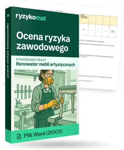 Pudełko dokumentu „Ocena ryzyka zawodowego” ze znakiem Ryzykomat i napisem „Plik Word (DOCX)” na froncie, ilustracja stanowiska „Renowator mebli artystycznych”; zza pudełka wystaje strona prawdziwego dokumentu z rozmytą treścią