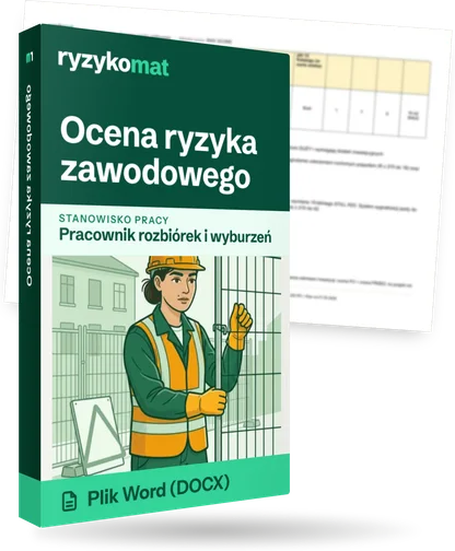 Pudełko dokumentu „Ocena ryzyka zawodowego” ze znakiem Ryzykomat i napisem „Plik Word (DOCX)” na froncie, ilustracja stanowiska „Pracownik rozbiórek i wyburzeń”; zza pudełka wystaje strona prawdziwego dokumentu z rozmytą treścią