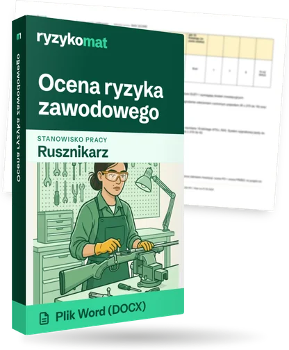 Pudełko dokumentu „Ocena ryzyka zawodowego” ze znakiem Ryzykomat i napisem „Plik Word (DOCX)” na froncie, ilustracja stanowiska „Rusznikarz”; zza pudełka wystaje strona prawdziwego dokumentu z rozmytą treścią