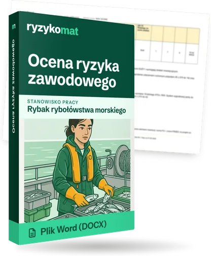 Pudełko dokumentu „Ocena ryzyka zawodowego” ze znakiem Ryzykomat i napisem „Plik Word (DOCX)” na froncie, ilustracja stanowiska „Rybak rybołówstwa morskiego”; zza pudełka wystaje strona prawdziwego dokumentu z rozmytą treścią