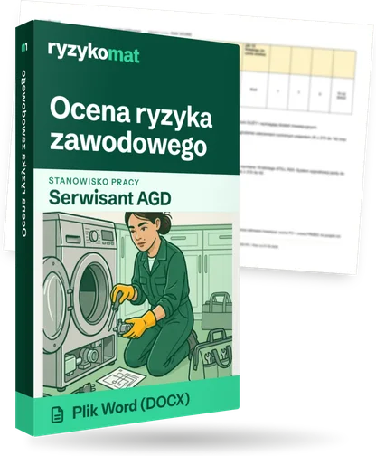 Pudełko dokumentu „Ocena ryzyka zawodowego” ze znakiem Ryzykomat i napisem „Plik Word (DOCX)” na froncie, ilustracja stanowiska „Serwisant AGD”; zza pudełka wystaje strona prawdziwego dokumentu z rozmytą treścią
