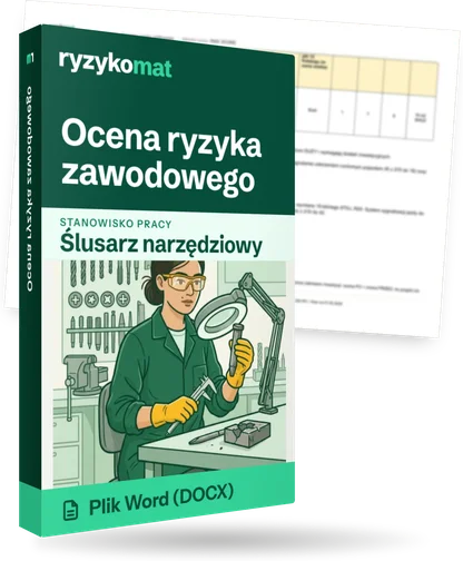 Pudełko dokumentu „Ocena ryzyka zawodowego” ze znakiem Ryzykomat i napisem „Plik Word (DOCX)” na froncie, ilustracja stanowiska „Ślusarz narzędziowy”; zza pudełka wystaje strona prawdziwego dokumentu z rozmytą treścią