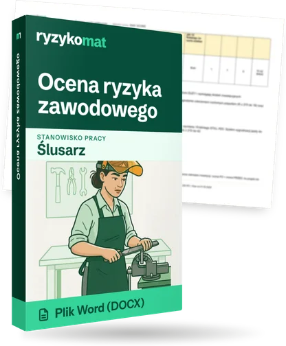 Pudełko dokumentu „Ocena ryzyka zawodowego” ze znakiem Ryzykomat i napisem „Plik Word (DOCX)” na froncie, ilustracja stanowiska „Ślusarz”; zza pudełka wystaje strona prawdziwego dokumentu z rozmytą treścią