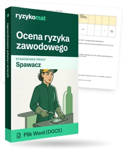 Pudełko dokumentu „Ocena ryzyka zawodowego” ze znakiem Ryzykomat i napisem „Plik Word (DOCX)” na froncie, ilustracja stanowiska „Spawacz”; zza pudełka wystaje strona prawdziwego dokumentu z rozmytą treścią
