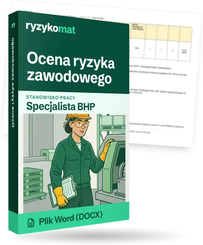 Pudełko dokumentu „Ocena ryzyka zawodowego” ze znakiem Ryzykomat i napisem „Plik Word (DOCX)” na froncie, ilustracja stanowiska „Specjalista BHP”; zza pudełka wystaje strona prawdziwego dokumentu z rozmytą treścią