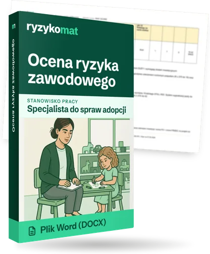 Pudełko dokumentu „Ocena ryzyka zawodowego” ze znakiem Ryzykomat i napisem „Plik Word (DOCX)” na froncie, ilustracja stanowiska „Specjalista do spraw adopcji”; zza pudełka wystaje strona prawdziwego dokumentu z rozmytą treścią