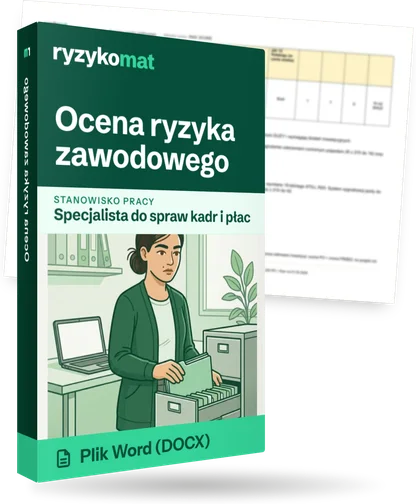 Pudełko dokumentu „Ocena ryzyka zawodowego” ze znakiem Ryzykomat i napisem „Plik Word (DOCX)” na froncie, ilustracja stanowiska „Specjalista do spraw kadr i płac”; zza pudełka wystaje strona prawdziwego dokumentu z rozmytą treścią