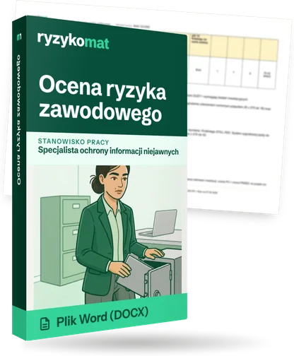 Pudełko dokumentu „Ocena ryzyka zawodowego” ze znakiem Ryzykomat i napisem „Plik Word (DOCX)” na froncie, ilustracja stanowiska „Specjalista ochrony informacji niejawnych”; zza pudełka wystaje strona prawdziwego dokumentu z rozmytą treścią