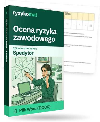 Pudełko dokumentu „Ocena ryzyka zawodowego” ze znakiem Ryzykomat i napisem „Plik Word (DOCX)” na froncie, ilustracja stanowiska „Spedytor”; zza pudełka wystaje strona prawdziwego dokumentu z rozmytą treścią