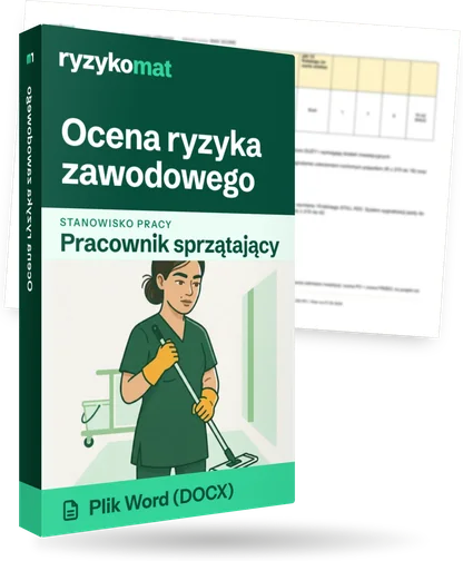 Pudełko dokumentu „Ocena ryzyka zawodowego” ze znakiem Ryzykomat i napisem „Plik Word (DOCX)” na froncie, ilustracja stanowiska „Pracownik sprzątający”; zza pudełka wystaje strona prawdziwego dokumentu z rozmytą treścią