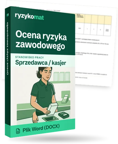 Pudełko dokumentu „Ocena ryzyka zawodowego” ze znakiem Ryzykomat i napisem „Plik Word (DOCX)” na froncie, ilustracja stanowiska „Sprzedawca / kasjer”; zza pudełka wystaje strona prawdziwego dokumentu z rozmytą treścią