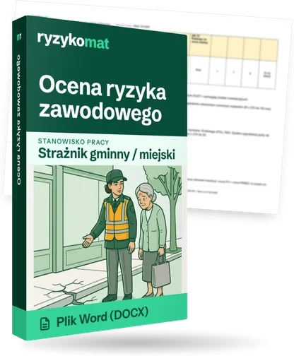 Pudełko dokumentu „Ocena ryzyka zawodowego” ze znakiem Ryzykomat i napisem „Plik Word (DOCX)” na froncie, ilustracja stanowiska „Strażnik gminny / miejski”; zza pudełka wystaje strona prawdziwego dokumentu z rozmytą treścią