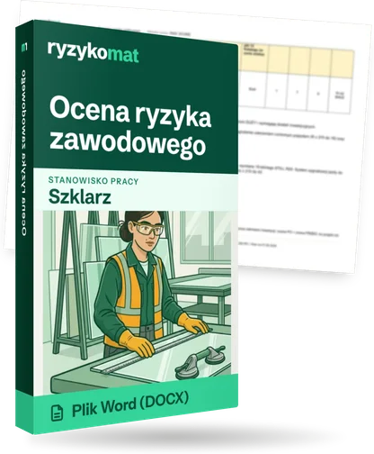 Pudełko dokumentu „Ocena ryzyka zawodowego” ze znakiem Ryzykomat i napisem „Plik Word (DOCX)” na froncie, ilustracja stanowiska „Szklarz”; zza pudełka wystaje strona prawdziwego dokumentu z rozmytą treścią