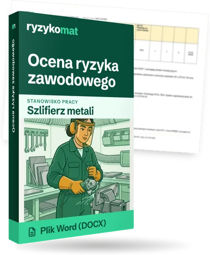 Pudełko dokumentu „Ocena ryzyka zawodowego” ze znakiem Ryzykomat i napisem „Plik Word (DOCX)” na froncie, ilustracja stanowiska „Szlifierz metali”; zza pudełka wystaje strona prawdziwego dokumentu z rozmytą treścią