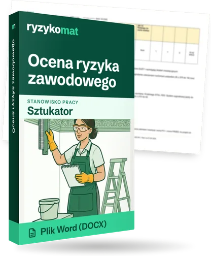Pudełko dokumentu „Ocena ryzyka zawodowego” ze znakiem Ryzykomat i napisem „Plik Word (DOCX)” na froncie, ilustracja stanowiska „Sztukator”; zza pudełka wystaje strona prawdziwego dokumentu z rozmytą treścią