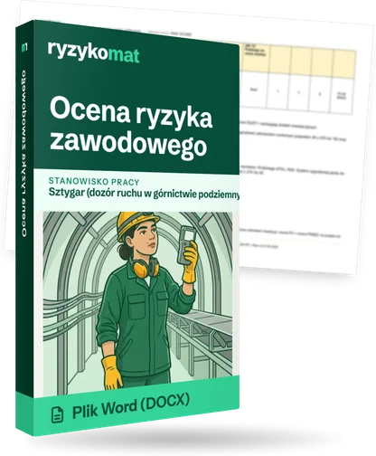 Pudełko dokumentu „Ocena ryzyka zawodowego” ze znakiem Ryzykomat i napisem „Plik Word (DOCX)” na froncie, ilustracja stanowiska „Sztygar (dozór ruchu w górnictwie podziemnym)”; zza pudełka wystaje strona prawdziwego dokumentu z rozmytą treścią