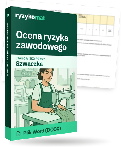 Pudełko dokumentu „Ocena ryzyka zawodowego” ze znakiem Ryzykomat i napisem „Plik Word (DOCX)” na froncie, ilustracja stanowiska „Szwaczka”; zza pudełka wystaje strona prawdziwego dokumentu z rozmytą treścią