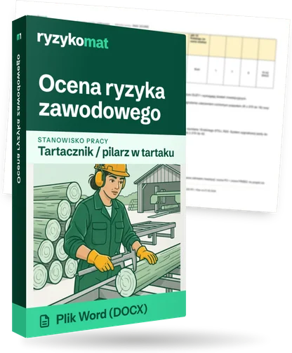 Pudełko dokumentu „Ocena ryzyka zawodowego” ze znakiem Ryzykomat i napisem „Plik Word (DOCX)” na froncie, ilustracja stanowiska „Tartacznik / pilarz w tartaku”; zza pudełka wystaje strona prawdziwego dokumentu z rozmytą treścią