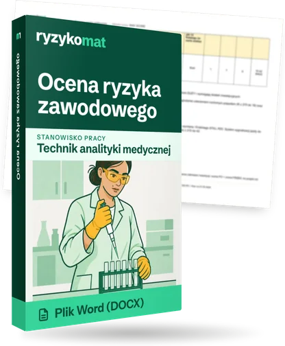 Pudełko dokumentu „Ocena ryzyka zawodowego” ze znakiem Ryzykomat i napisem „Plik Word (DOCX)” na froncie, ilustracja stanowiska „Technik analityki medycznej”; zza pudełka wystaje strona prawdziwego dokumentu z rozmytą treścią