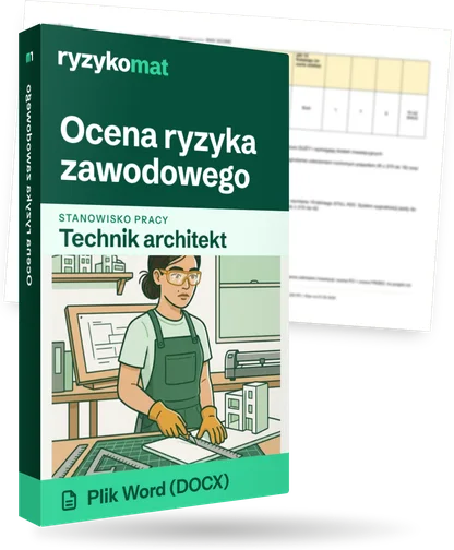 Pudełko dokumentu „Ocena ryzyka zawodowego” ze znakiem Ryzykomat i napisem „Plik Word (DOCX)” na froncie, ilustracja stanowiska „Technik architekt”; zza pudełka wystaje strona prawdziwego dokumentu z rozmytą treścią