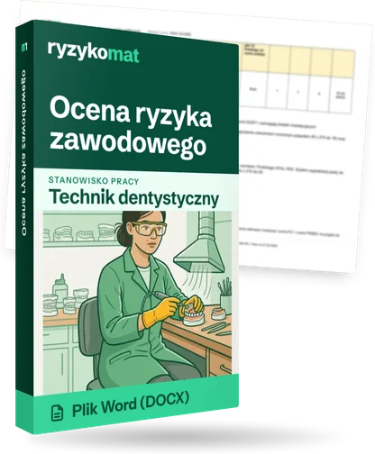 Pudełko dokumentu „Ocena ryzyka zawodowego” ze znakiem Ryzykomat i napisem „Plik Word (DOCX)” na froncie, ilustracja stanowiska „Technik dentystyczny”; zza pudełka wystaje strona prawdziwego dokumentu z rozmytą treścią