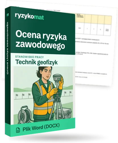 Pudełko dokumentu „Ocena ryzyka zawodowego” ze znakiem Ryzykomat i napisem „Plik Word (DOCX)” na froncie, ilustracja stanowiska „Technik geofizyk”; zza pudełka wystaje strona prawdziwego dokumentu z rozmytą treścią