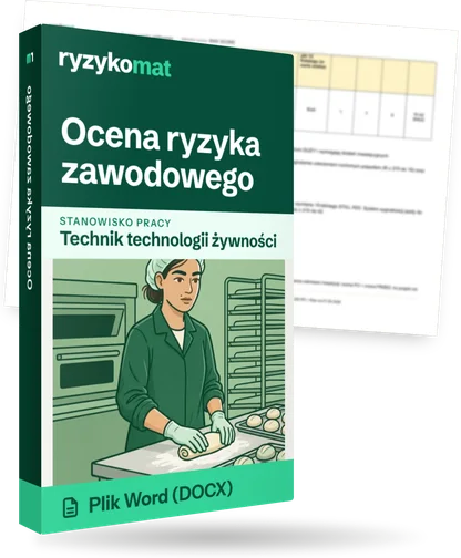 Pudełko dokumentu „Ocena ryzyka zawodowego” ze znakiem Ryzykomat i napisem „Plik Word (DOCX)” na froncie, ilustracja stanowiska „Technik technologii żywności”; zza pudełka wystaje strona prawdziwego dokumentu z rozmytą treścią
