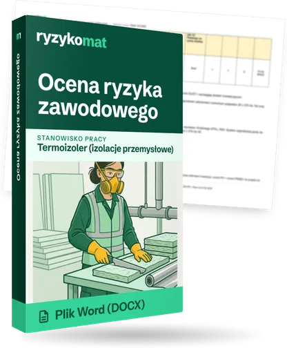 Pudełko dokumentu „Ocena ryzyka zawodowego” ze znakiem Ryzykomat i napisem „Plik Word (DOCX)” na froncie, ilustracja stanowiska „Termoizoler (izolacje przemysłowe)”; zza pudełka wystaje strona prawdziwego dokumentu z rozmytą treścią