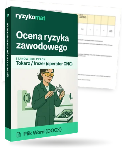 Pudełko dokumentu „Ocena ryzyka zawodowego” ze znakiem Ryzykomat i napisem „Plik Word (DOCX)” na froncie, ilustracja stanowiska „Tokarz / frezer (operator CNC)”; zza pudełka wystaje strona prawdziwego dokumentu z rozmytą treścią