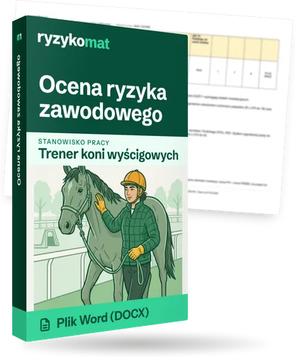 Pudełko dokumentu „Ocena ryzyka zawodowego” ze znakiem Ryzykomat i napisem „Plik Word (DOCX)” na froncie, ilustracja stanowiska „Trener koni wyścigowych”; zza pudełka wystaje strona prawdziwego dokumentu z rozmytą treścią