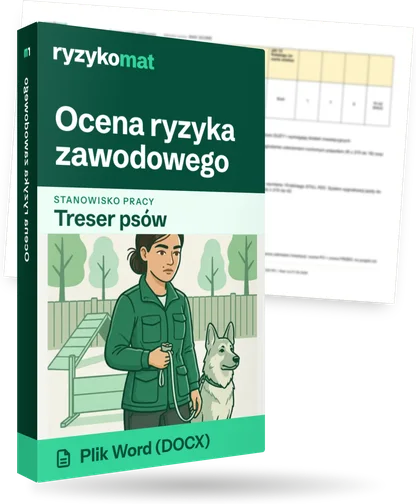 Pudełko dokumentu „Ocena ryzyka zawodowego” ze znakiem Ryzykomat i napisem „Plik Word (DOCX)” na froncie, ilustracja stanowiska „Treser psów”; zza pudełka wystaje strona prawdziwego dokumentu z rozmytą treścią