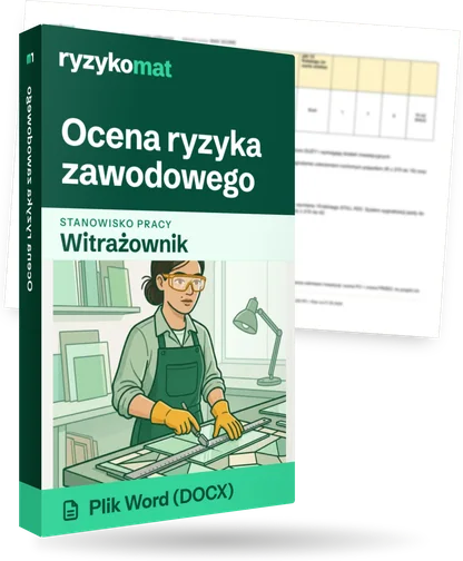 Pudełko dokumentu „Ocena ryzyka zawodowego” ze znakiem Ryzykomat i napisem „Plik Word (DOCX)” na froncie, ilustracja stanowiska „Witrażownik”; zza pudełka wystaje strona prawdziwego dokumentu z rozmytą treścią