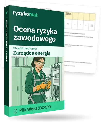 Pudełko dokumentu „Ocena ryzyka zawodowego” ze znakiem Ryzykomat i napisem „Plik Word (DOCX)” na froncie, ilustracja stanowiska „Zarządca energią”; zza pudełka wystaje strona prawdziwego dokumentu z rozmytą treścią