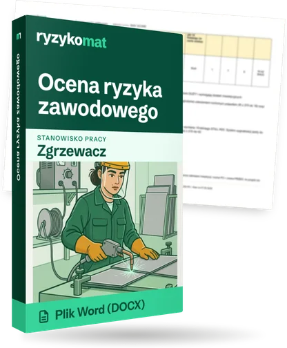 Pudełko dokumentu „Ocena ryzyka zawodowego” ze znakiem Ryzykomat i napisem „Plik Word (DOCX)” na froncie, ilustracja stanowiska „Zgrzewacz”; zza pudełka wystaje strona prawdziwego dokumentu z rozmytą treścią