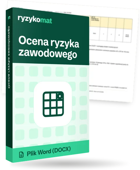 Pudełko dokumentu „Ocena ryzyka zawodowego” ze znakiem Ryzykomat i napisem „Plik Word (DOCX)” na froncie; zza pudełka wystaje strona prawdziwego dokumentu z rozmytą treścią